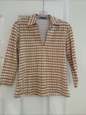 Collared V-Neck Women’s Cream and Brown Patterned Blouse J McLaughlin